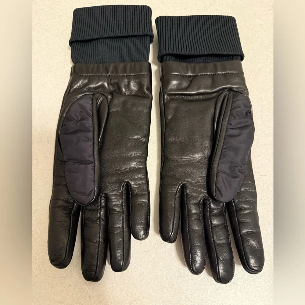 AUTH PRADA WOMENS LEATHER/NYLON CASHMERE LINED GLOVES, SIZE 7.5, MADE IN ITALY